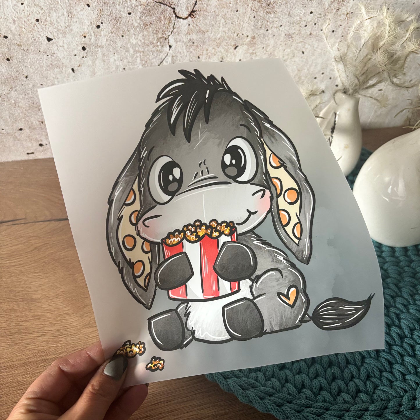 GlamCups Bügelbild Schnubbi „ Esel Popcorn rot-weiß"